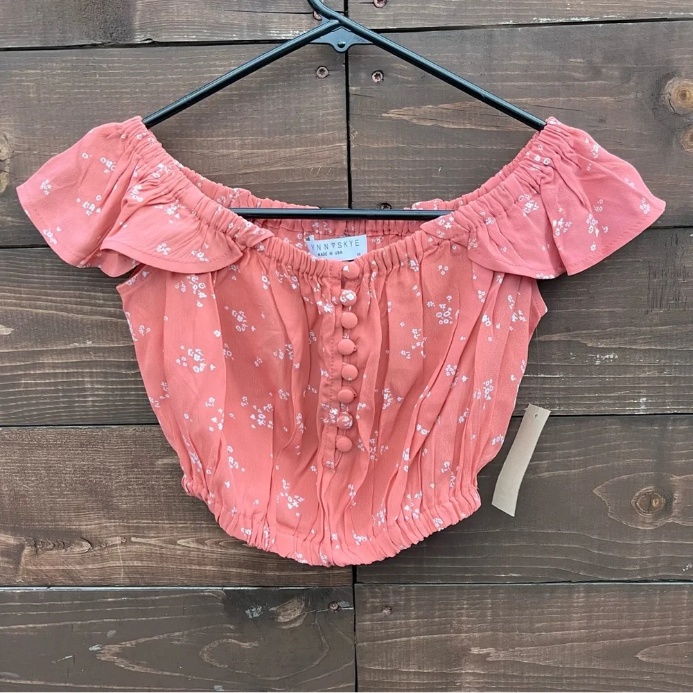 Flynn Skye Tori Ruffle Sleeve Crop Top Pink Floral - Picture 5 of 6